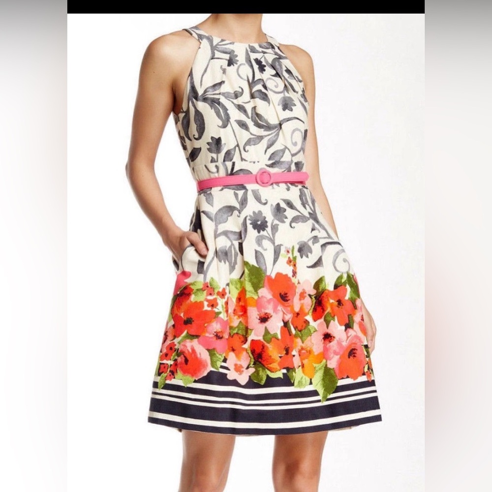 Eliza J Border Print Fit & Flare Lined halter Dress  Sz 10  $158